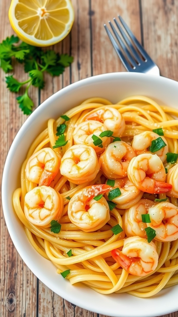 Garlic butter shrimp pasta in a white bowl, garnished with parsley and Parmesan, on a rustic wooden table with lemon.